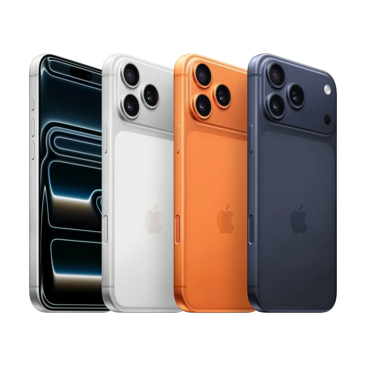 iPhone 17 Pro en plata, naranja cósmico y azul profundo